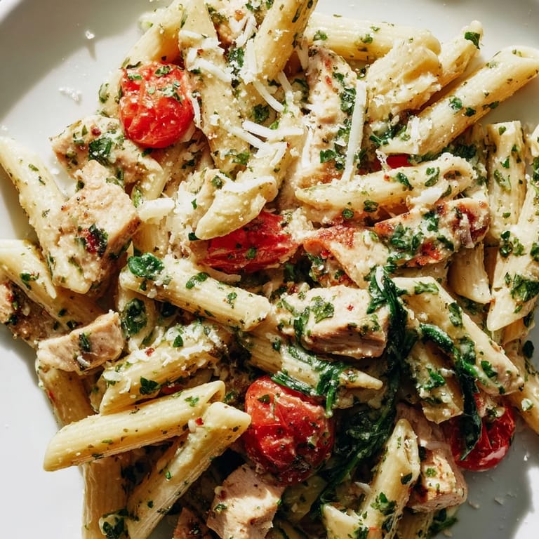 One-Pan Lemon Herb Pasta Chicken is served hot, garnished with extra Parmesan and fresh parsley, offering a bright and savory weeknight dinner.