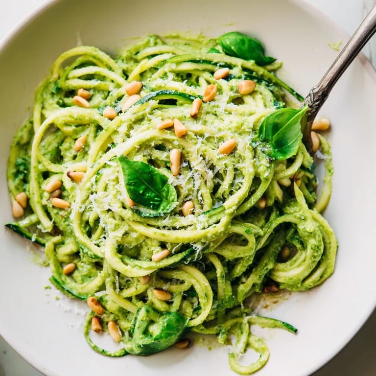 Zucchini noodles spiraled and mixed with creamy avocado pesto, topped with toasted pine nuts and feta.  