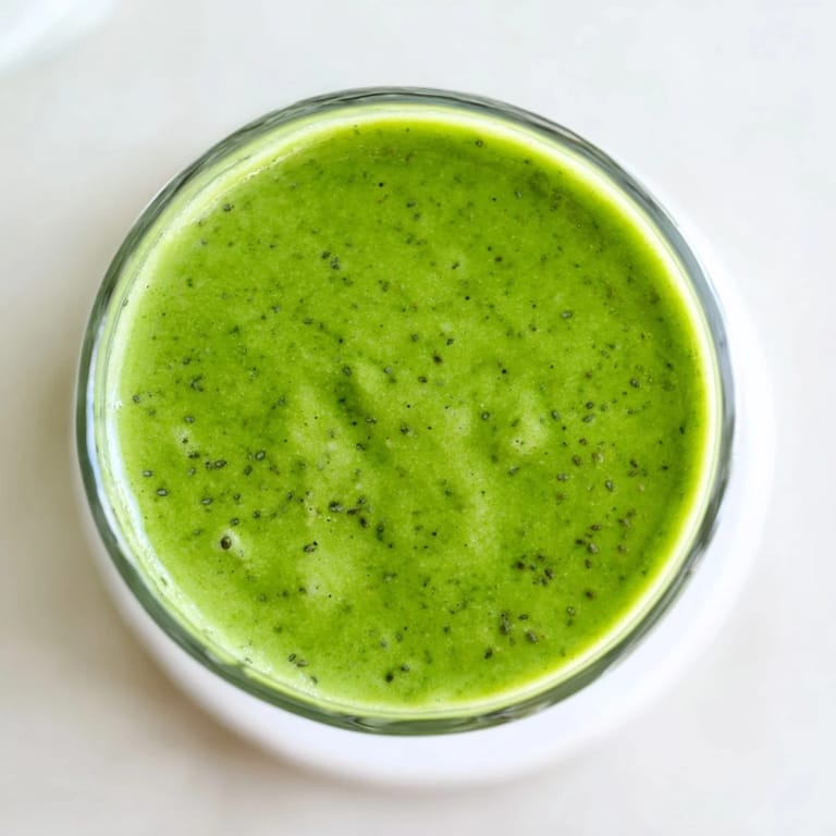This creamy spinach-hidden smoothie features frozen mango and pineapple chunks, showcasing its bright green hue and nutritious appeal.  