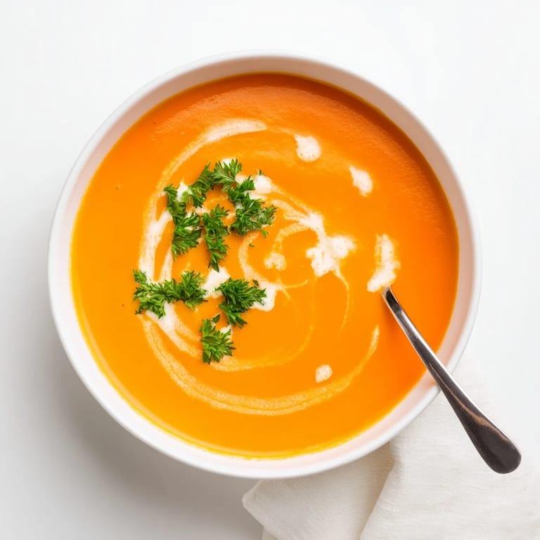 Serving of warm carrot-based creamy soup beside crusty bread and a spoon on a napkin.