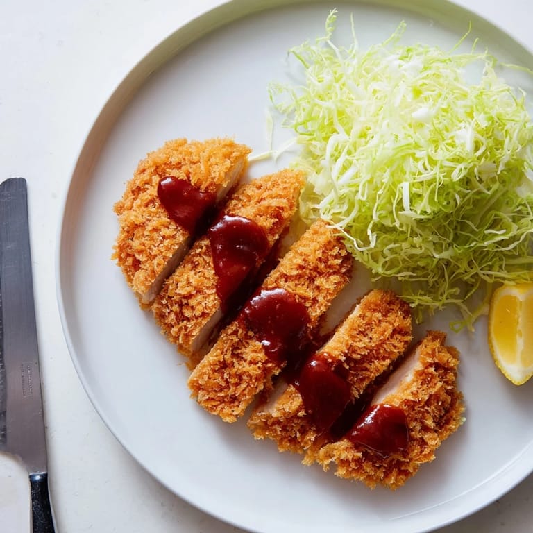 Crispy fried Chicken Katsu cutlet plated with shredded cabbage and lemon wedges on the side.