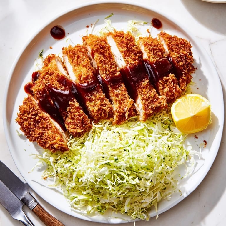 Freshly fried Chicken Katsu cutlet showing a juicy interior, served with steamed rice and sauce.