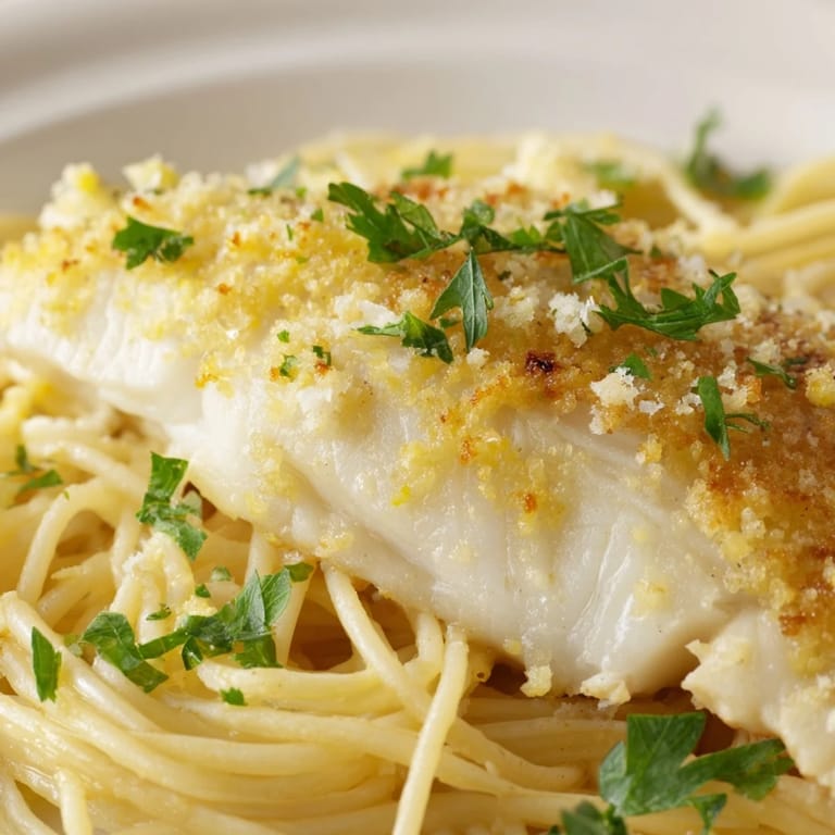 Tender grilled sea bass atop Lemon Bass Pasta, garnished with Parmesan and herbs.
