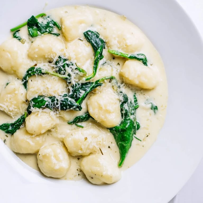 Ready in 25 minutes, this Creamy Garlic Gnocchi features soft dumplings swimming in a velvety sauce with vibrant green spinach leaves.