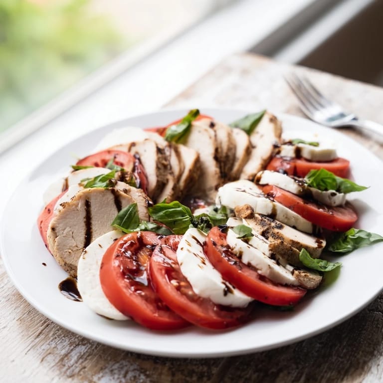 A hearty Chicken Caprese Salad features juicy grilled chicken, vibrant tomatoes, and fresh mozzarella, finished with a drizzle of tangy balsamic dressing.