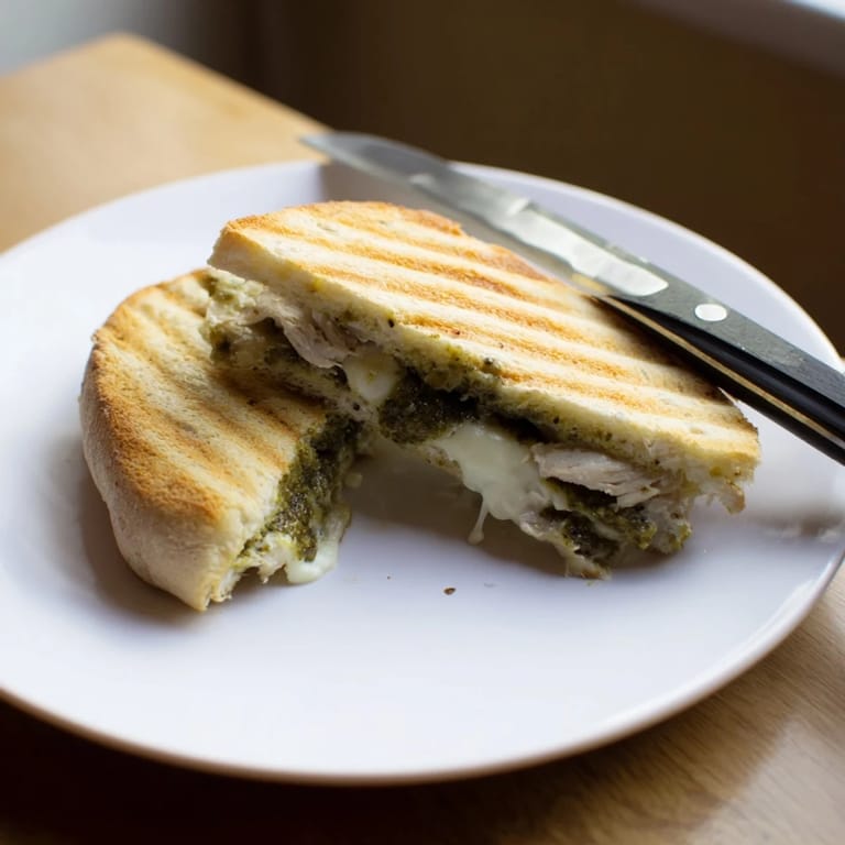 A warm, melty chicken pesto panini with basil pesto, served on a wooden cutting board.