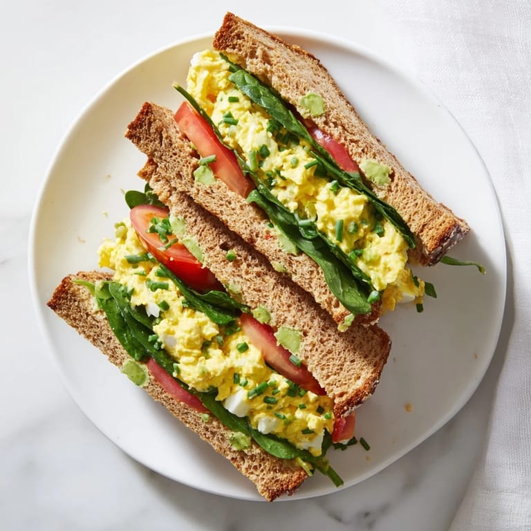 Homemade Avocado Egg Salad Sandwich cut diagonally, revealing a creamy, chunky egg salad filling with visible chives and herbs.