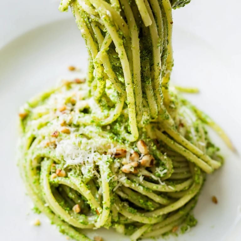 Serve creamy sunflower seed pesto pasta garnished with Parmesan and lemon, perfect with a crisp green salad.