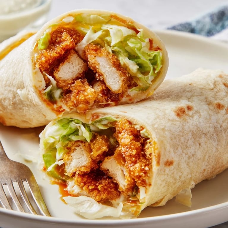 A handheld meal showcasing juicy, spicy-sweet chicken and creamy Caesar dressing inside a warm, soft tortilla wrap.  