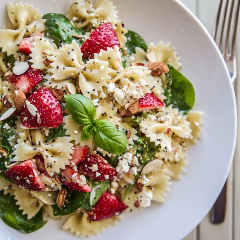 Spring Spinach Strawberry Pasta Salad features a colorful mix of al dente pasta, juicy berries, and toasted almonds on a white serving dish.  