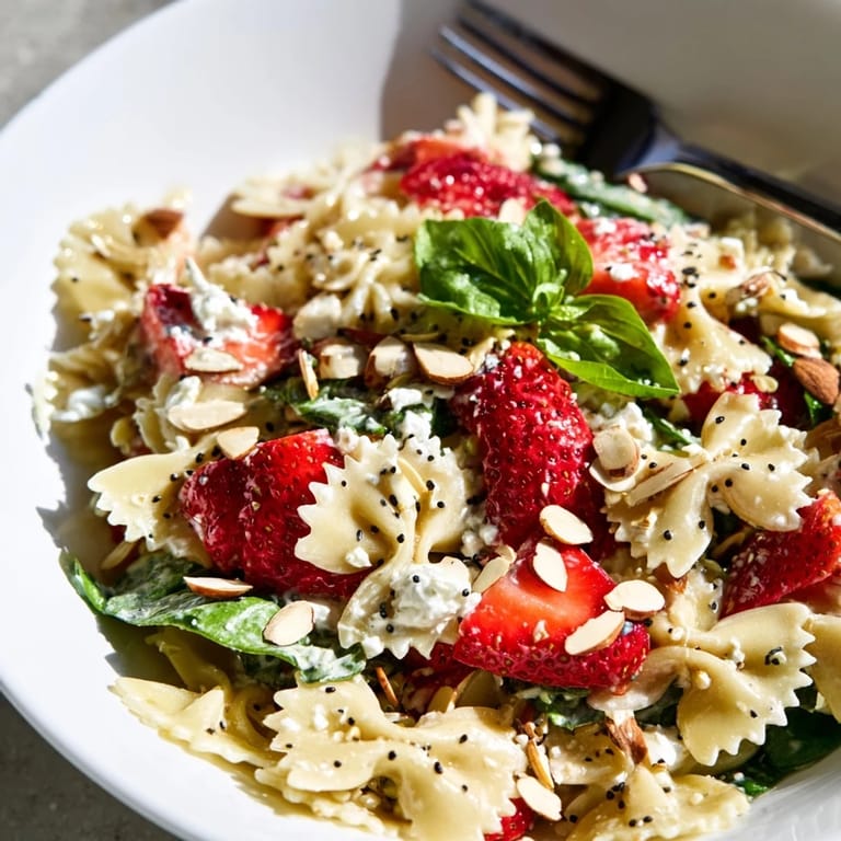 Vibrant Spring Spinach Strawberry Pasta Salad with crumbled feta, fresh basil, and a light poppy seed dressing, perfect for a summer picnic.
