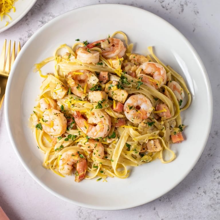 Plated Lemon Garlic Shrimp & Chicken Pasta with a bright lemon wedge, fresh parsley, and a side salad, ready for a weeknight dinner.