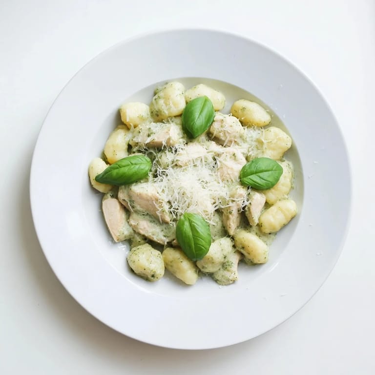 Juicy golden chicken and pan-crisped gnocchi shine in this Creamy Pesto Gnocchi with Chicken, topped with extra Parmesan.
