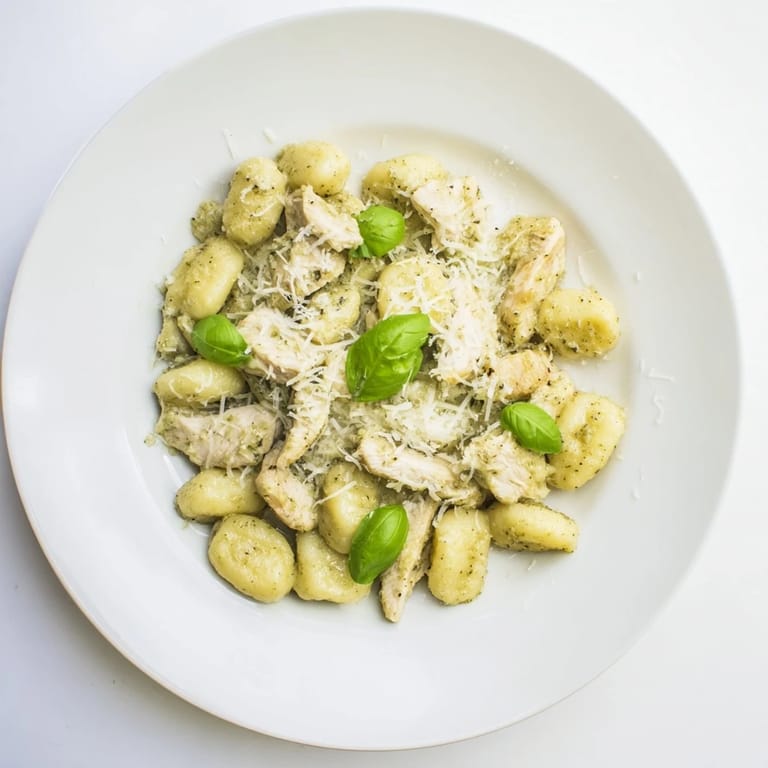 A close-up of Creamy Pesto Gnocchi with Chicken highlights velvety pesto cream sauce, perfect for an easy weeknight Italian dinner.