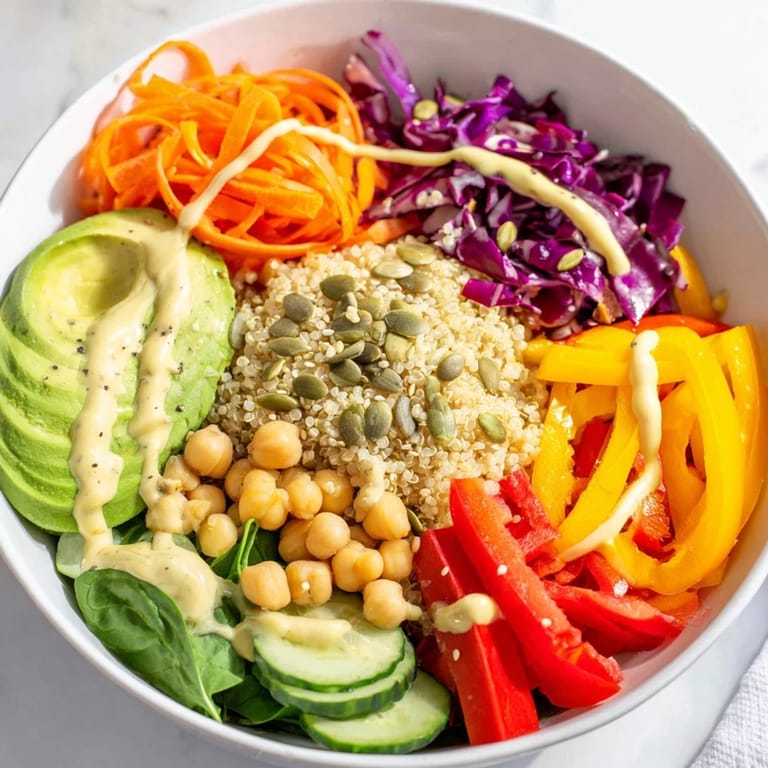 Rainbow Buddha Bowl With Quinoa showcases colorful chickpeas, bell peppers, cabbage, and carrots with sesame seeds and fresh greens.  