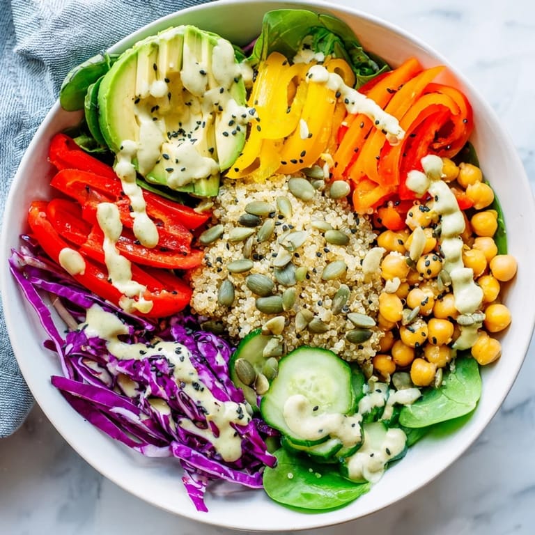 For a healthy lunch, enjoy this Rainbow Buddha Bowl With Quinoa topped with sliced avocado and crunchy pumpkin seeds.