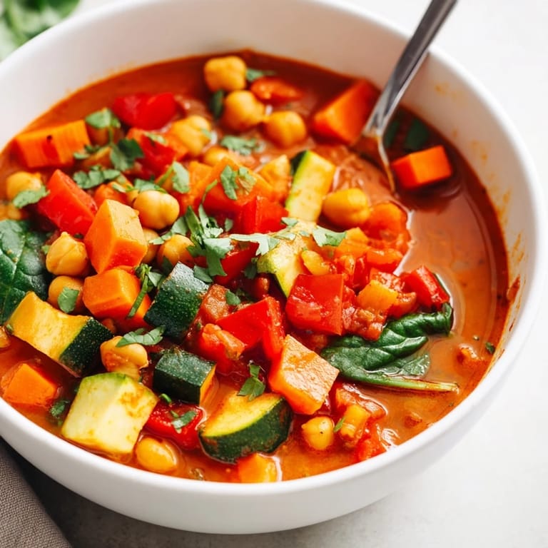 Serving suggestion for spicy chickpea stew with lemon wedge and crusty bread, perfect for a cozy vegan dinner.