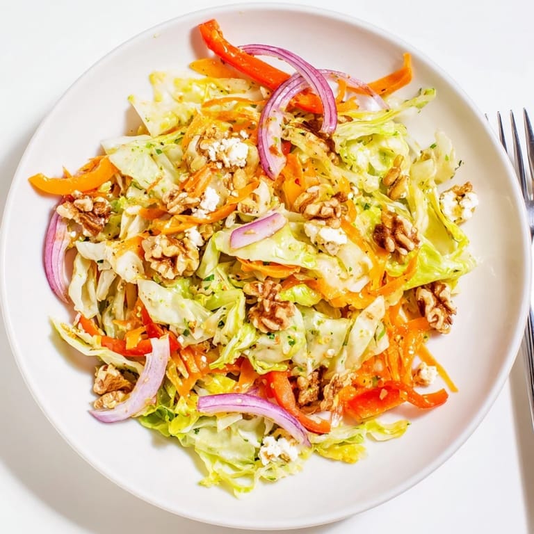 Freshly tossed Cooked and Loved Cabbage Salad in a white bowl, showcasing vibrant red bell peppers, parsley, and a glistening herbaceous vinaigrette.