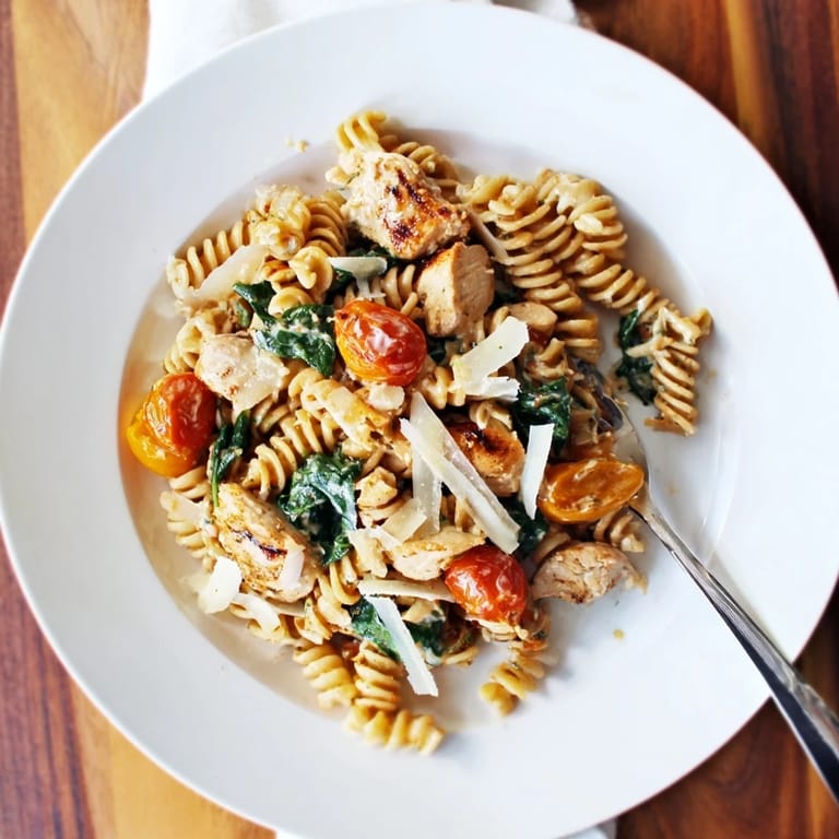 A skillet of Greek Yogurt Chicken Pasta with tender chicken, al dente pasta, and a luscious Greek yogurt sauce studded with cherry tomatoes.