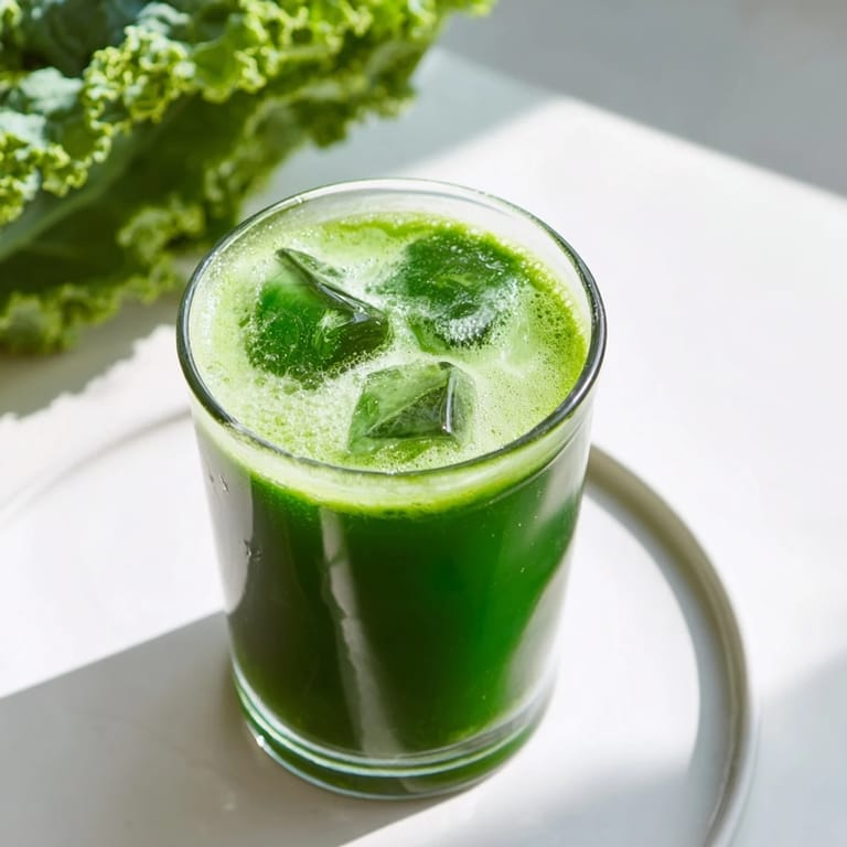 A clear pitcher of Cabbage and Kale Detox Juice sits beside fresh kale leaves, chopped cabbage, and a halved green apple.