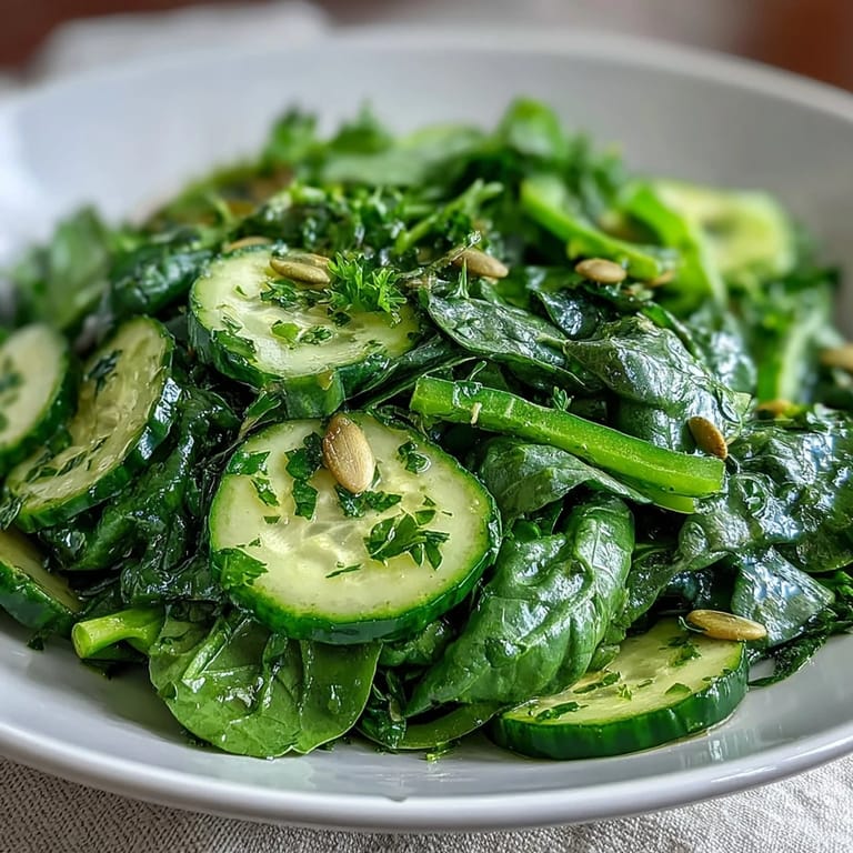 Freshly prepared Glowing Green Salad with zucchini ribbons, parsley, and a light vinaigrette, served in a bowl.