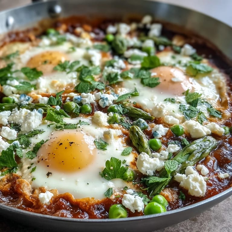 Eggs gently poached in a rich tomato and herb sauce with green peas and asparagus, served with lemon wedges for brightness.