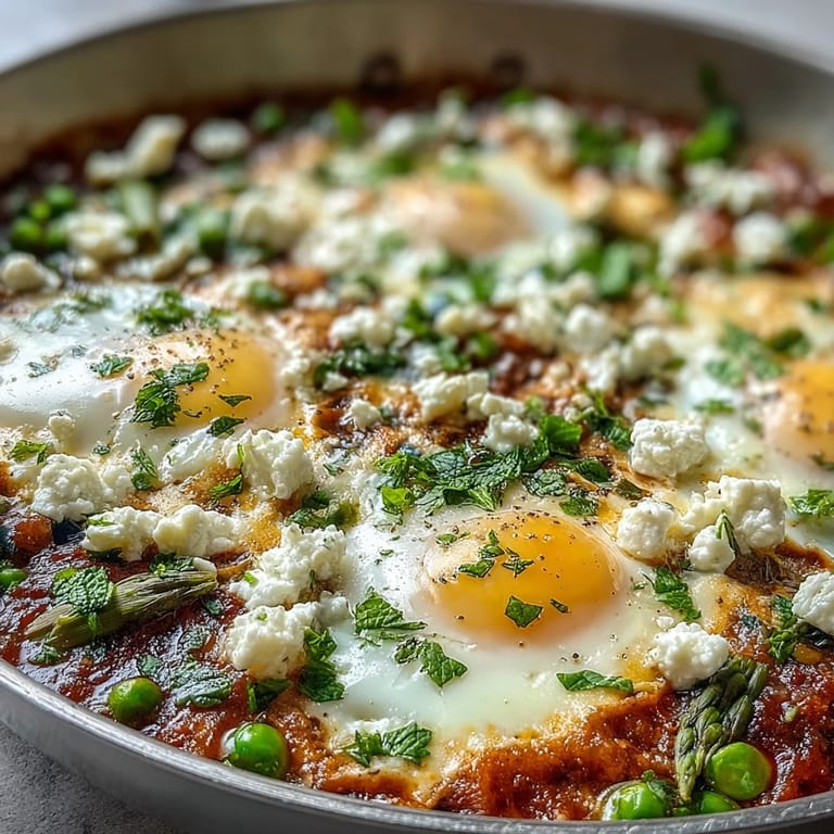 Spring vegetables including tender peas and broad beans simmer in a skillet, making this colorful shakshuka a perfect vegetarian main course.