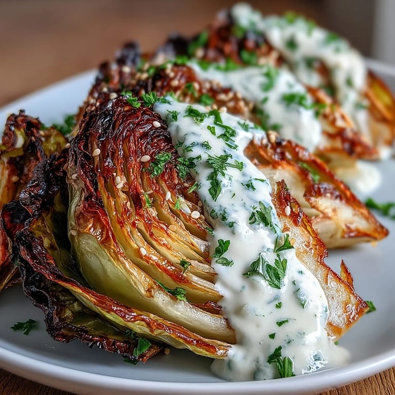 Tender roasted cabbage wedges artistically drizzled with a vibrant tahini sauce.
