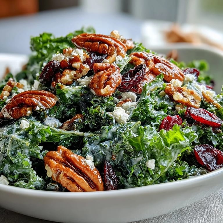 Savory maple mustard kale salad served warm with toasted walnuts, dried cranberries, and a drizzle of homemade dressing on a wooden table.