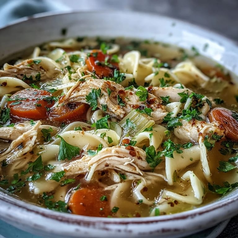 Hearty Chicken and Noodle Soup in a white bowl, served with crusty bread and fresh parsley on the side.