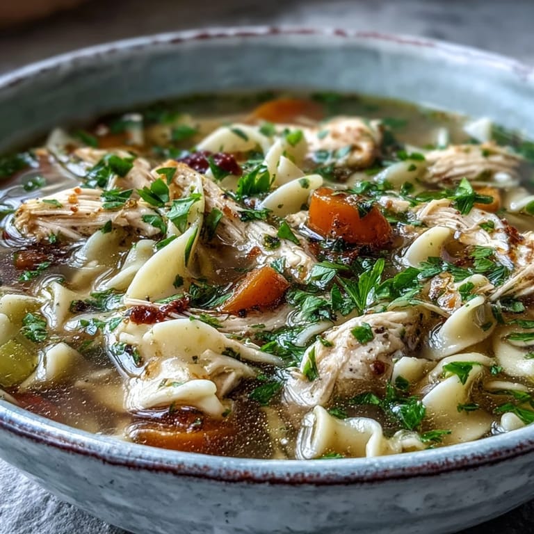 Close-up of simmering Chicken and Noodle Soup featuring wide egg noodles, diced vegetables, and savory herbs in a ladle.