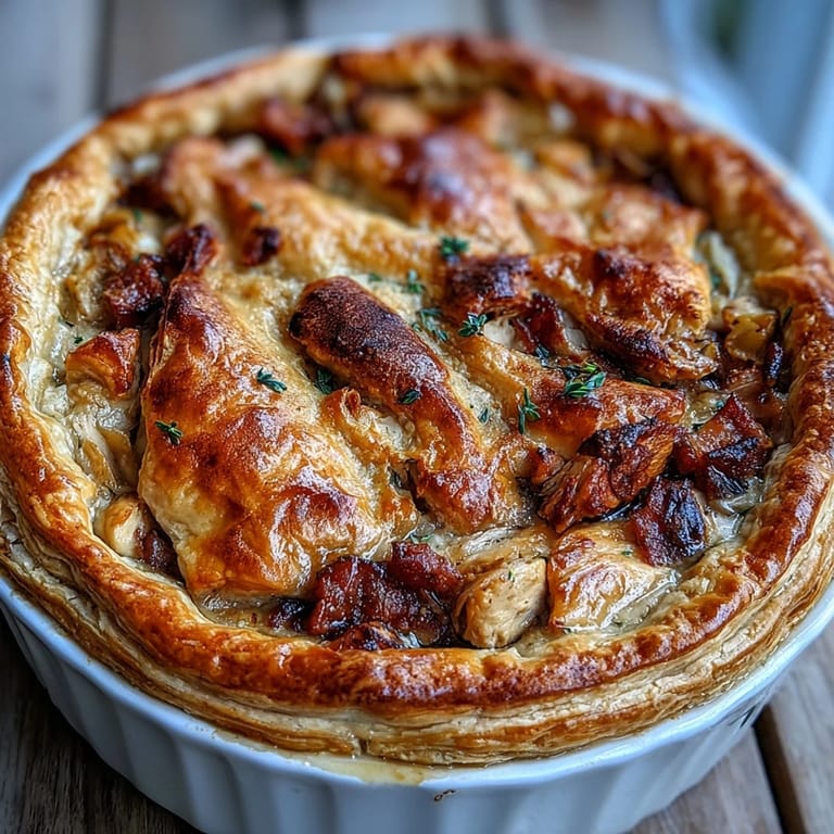 Fresh thyme garnishes this hearty Chicken and Leek Pie, its golden crust brushed with egg wash.
