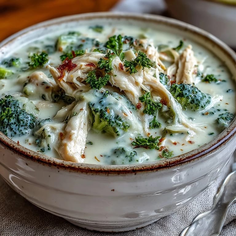 Rich and creamy Best Chicken Broccoli Cheddar Soup topped with melted cheddar and a side of crusty bread.