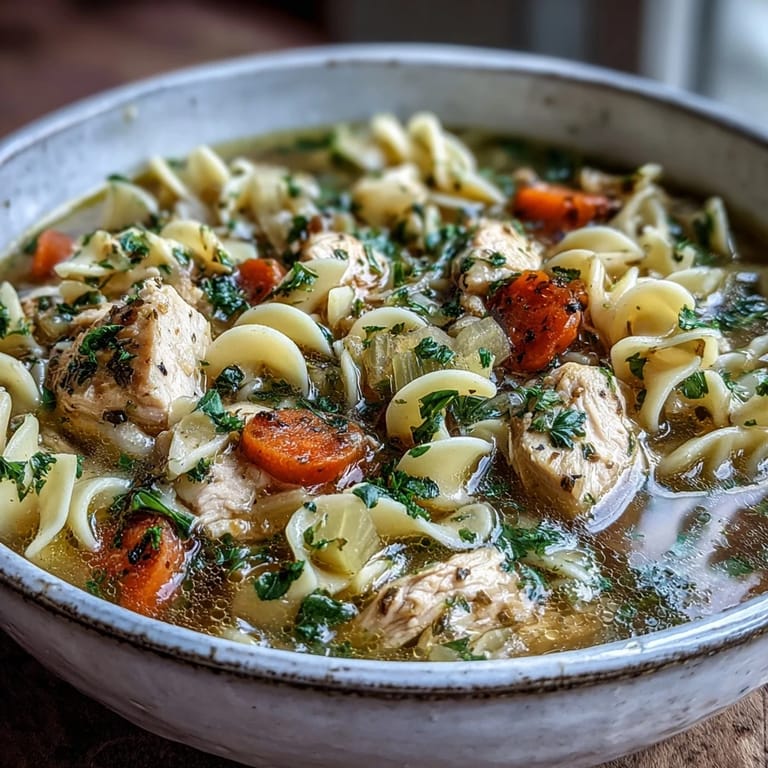 Hearty Chicken Noodle Soup garnished with parsley, served in a rustic bowl.