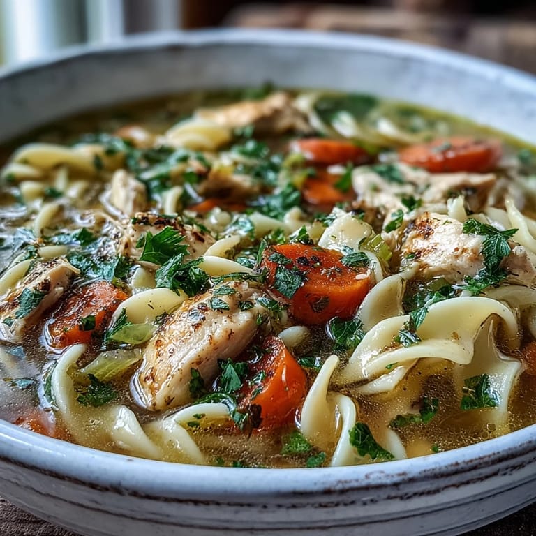 Close-up of flavorful Chicken Noodle Soup with egg noodles and fresh vegetables.