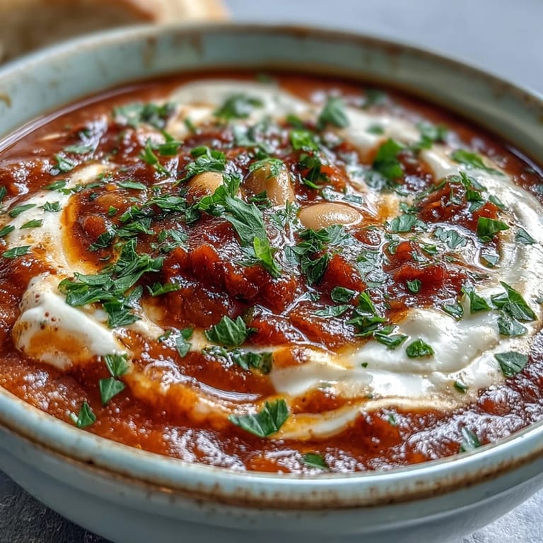 A pot of simmering white bean soup with tomato, showing diced onions, garlic, and bright red tomato chunks in broth.