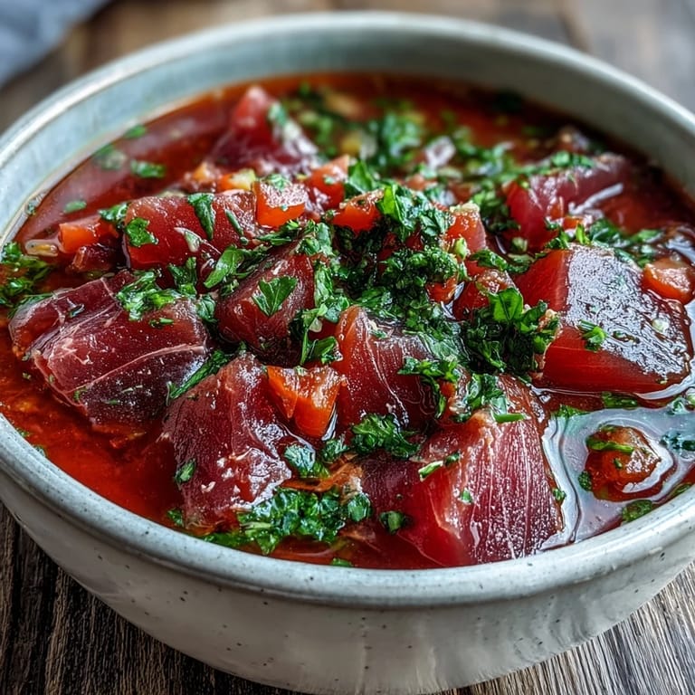 Hearty tuna and tomato soup simmering in a pot, featuring tender tuna flakes, diced tomatoes, and aromatic herbs with olive oil.
