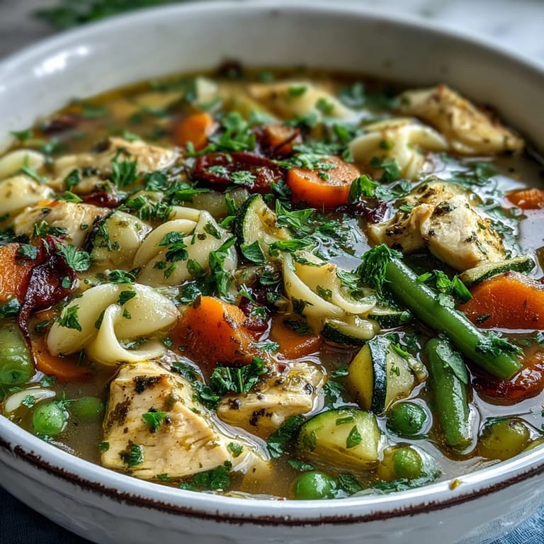 Pasta Soup With Chicken and Vegetables in a rustic pot, garnished with parsley and Parmesan, perfect for a comforting family dinner with garlic and basil aromas.