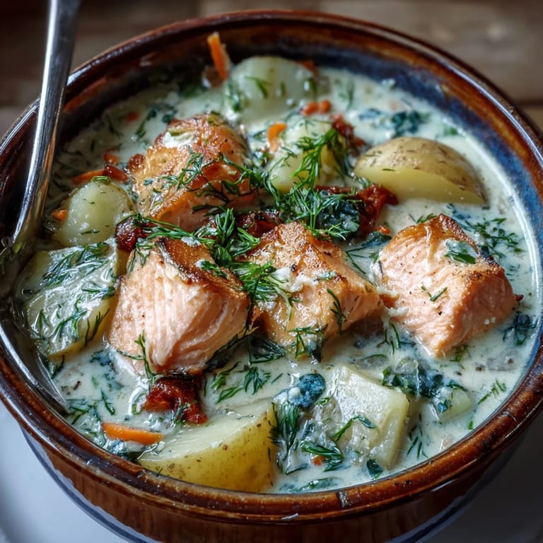 Hearty Finnish Salmon Soup served in white bowls, garnished with dill alongside rustic bread for a comforting meal.