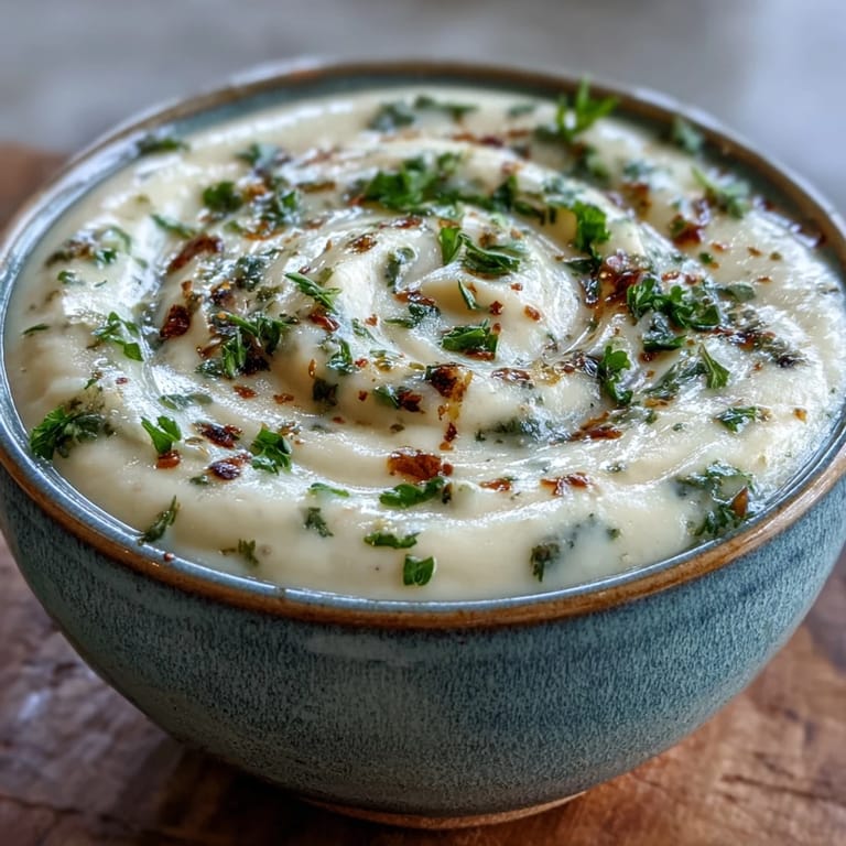 White Bean and Parmesan Soup garnished with parsley and cheese, served hot beside crusty bread on a rustic table.