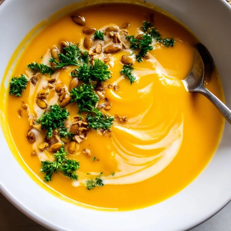 A close-up of velvety butternut squash soup with a coconut swirl and chopped parsley garnish.  