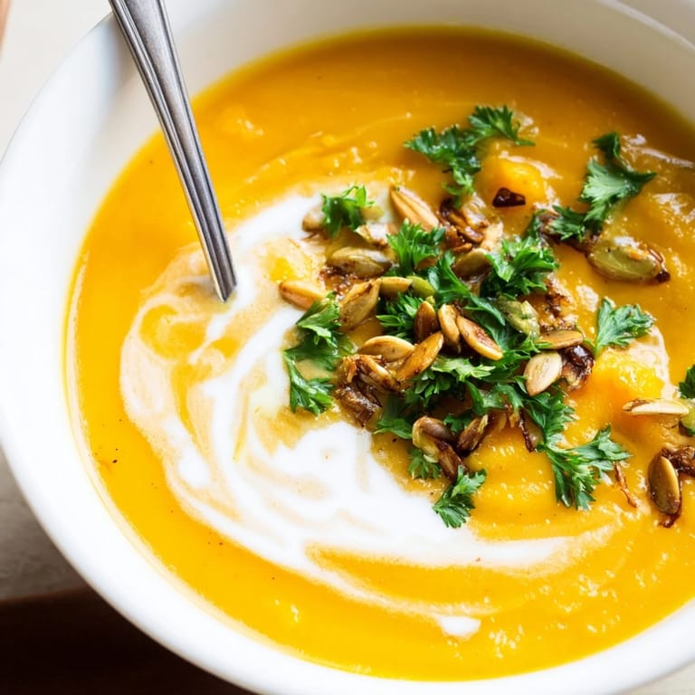 Steaming bowl of homemade butternut squash soup beside crusty bread on a cozy, wooden table.