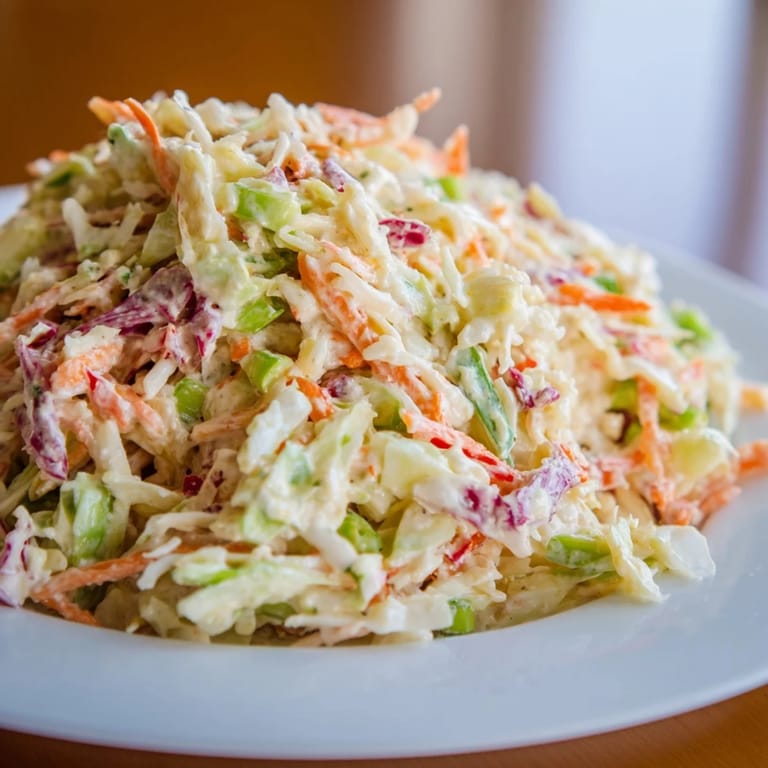 A close-up of the Best Cabbage Coleslaw, featuring crisp shredded veggies and a creamy dressing, perfect for a summer barbecue side dish.  