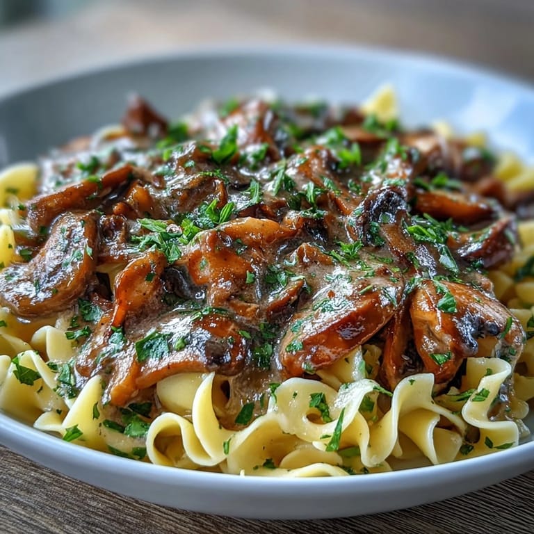 Steaming Creamy Mushroom Stroganoff served in a shallow bowl with a fork, paired with a glass of white wine.