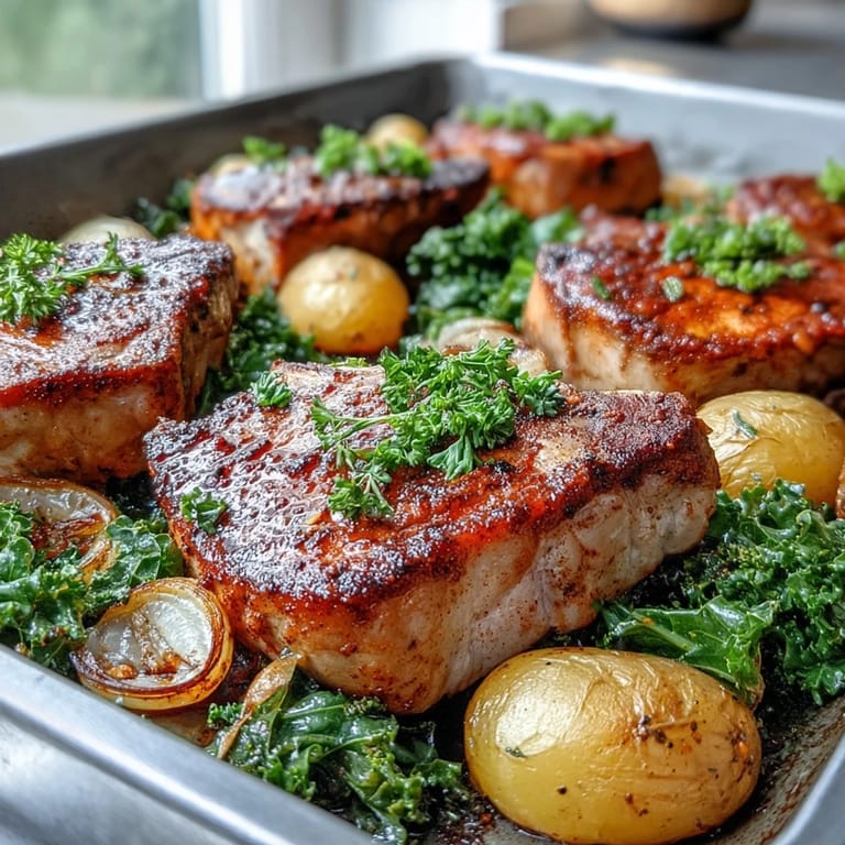 Hearty Aleppo pork chops plated with golden potatoes and kale for a vibrant Mediterranean-inspired dinner.