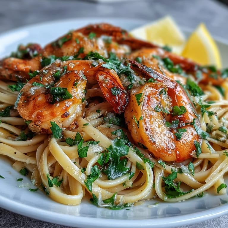 Golden-brown sautéed shrimp over Shrimp Scampi With Linguine, drenched in a fragrant lemon-garlic butter sauce and sprinkled with parsley.