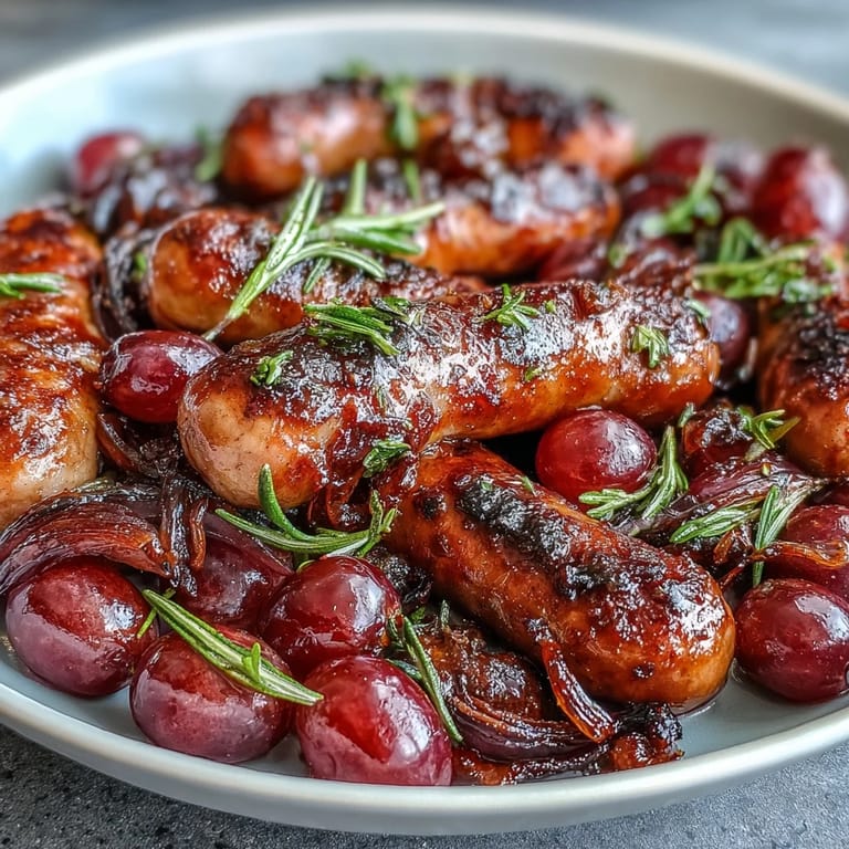 A close-up of golden Roasted Sausage and Grapes, served over creamy polenta with a wooden spoon nearby.