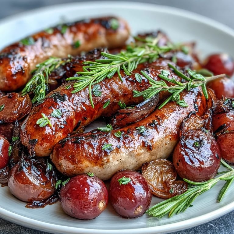 Plated Roasted Sausage and Grapes alongside crusty bread, perfect for soaking up the savory pan juices.