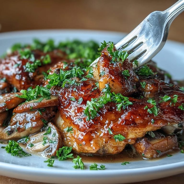 Tender chicken thighs simmered in a pink Coq au Vin Rosé sauce with carrots, leeks, and cremini mushrooms.