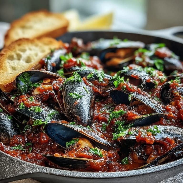 Succulent Smoky Mussels Pomodoro served in a skillet with lemon wedges and crusty sourdough.